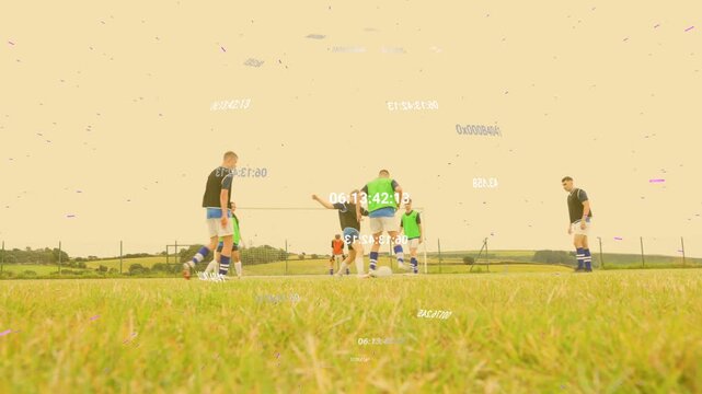 Coed soccer players closing in after pass contesting ball protecting goal with floating overlays