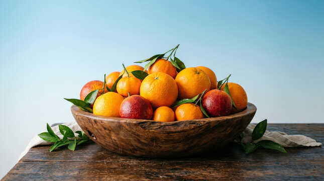 Close-up of a display of various oranges in a wooden bowl delicious enticing on a dark wooden table with a light blue gradient wall in the background
