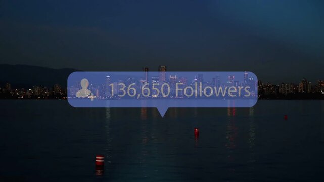 Vertical video: Follower bubble fading in after pause, increasing count to show growth over skyline