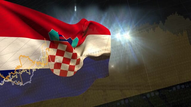 Gust lifting flag waving across stadium line graphs tracing crest toward lights for sports telecast