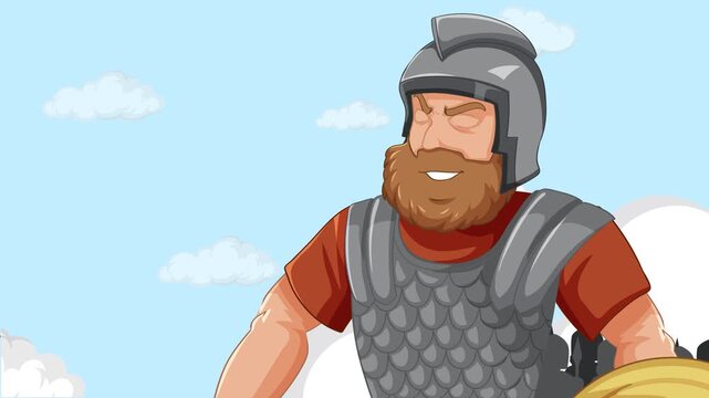 Ancient biblical giant Goliath standing before Philistine army and King Saul animation.