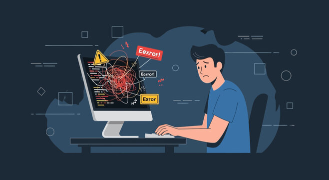 Frustrated programmer facing computer errors and bugs, coding problems, debugging