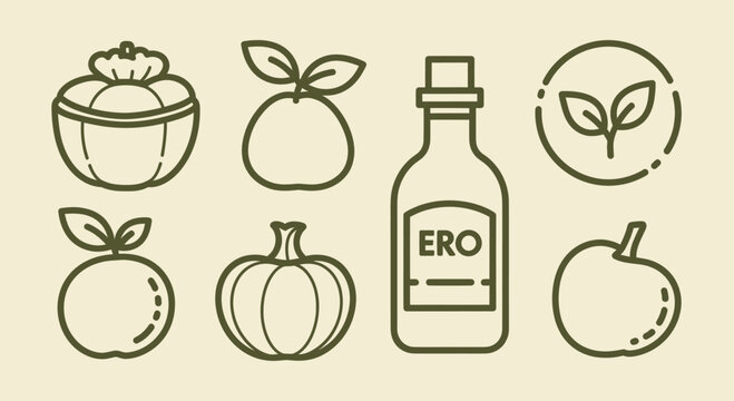 Collection of Outline Icons Featuring Various Fruits and a Bottle of Liquid.