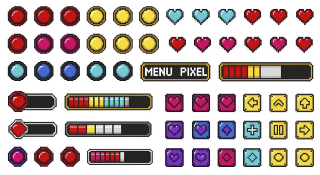 Collection of Pixel Art Game Interface Elements and Icons.