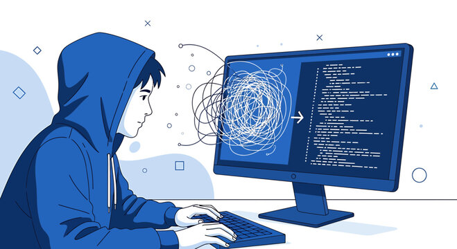 Young coder in hoodie working on computer, messy code transforming into organized code