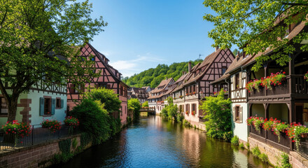 Obraz premium Picturesque half-timbered houses line the tranquil canal in Colmar France showcasing Alsatian architecture and vibrant floral decorations
