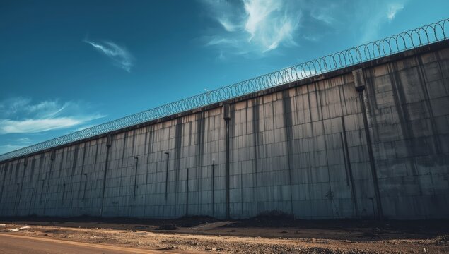 Barbed wire-topped concrete wall under blue sky. Themes of borders, prisons, refugees, isolation. Mixed media, blank space.