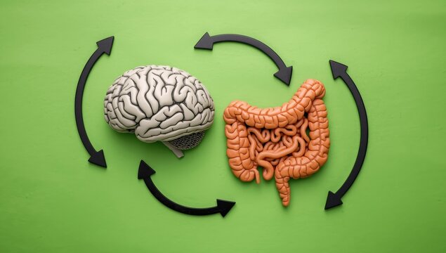 Overhead shot of brain and intestine models on a green surface with black circular arrows. Health theme.