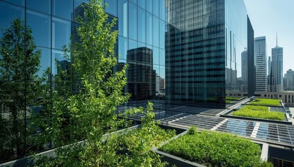 Obraz premium A corporate glass building mirrors green trees, showcasing the significance of incorporating sustainability into business.