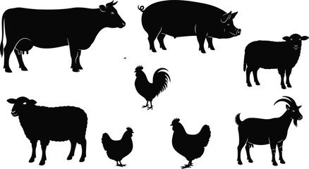 Farm animal silhouettes collection featuring cow, pig, sheep, goat, chickens, and rooster isolated vector design for agriculture © Rokon