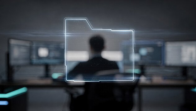 Focused medium shot of a digital media file being scanned on a hightech system interface with the operator and peripherals softly out of focus underscoring automated content