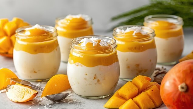 Fruit cream dessert with coconut curd and mango puree in jars. Healthy homemade food idea. Blank space.
