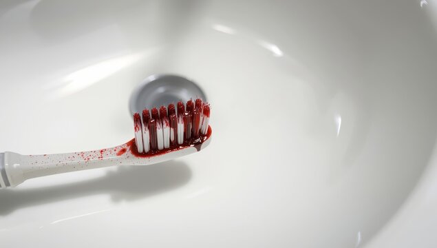 A close-up of a toothbrush with blood on its bristles against a white sink, representing oral health issues.