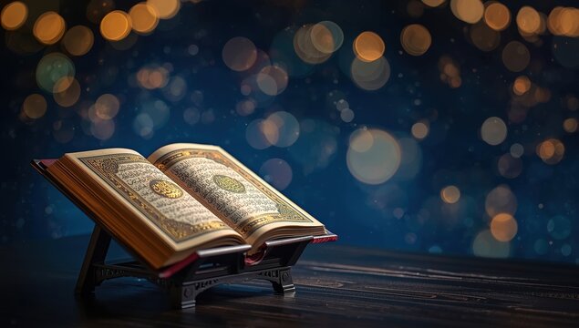 Islamic theme visual. The Quran on a stand with a blurred backdrop. Focused detail. Background for Ramadan, Eid, or Laylat al-Qadr.