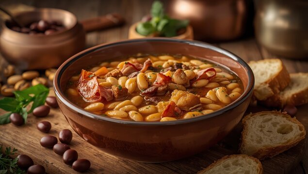 Famous Asturian Fabada soup featuring white beans, bacon, ham, chorizo, and blood sausage.