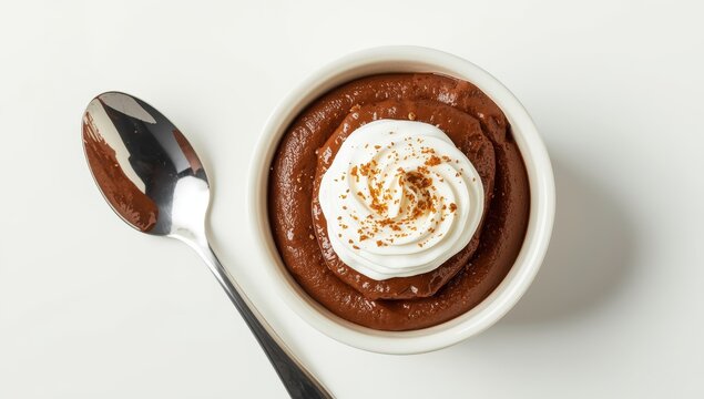 Chocolate mousse topped with whipped cream and crumble in a ramekin, served with a spoon, against a white backdrop.
