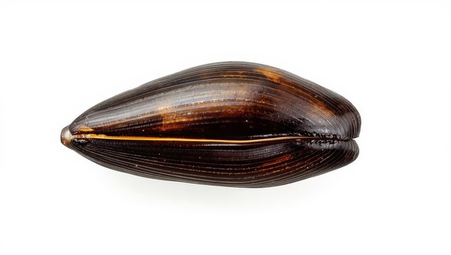 Isolated dark brown freshwater mussel on white background. Duck mussel (Anodonta anatina) is a large European bivalve mollusk.
