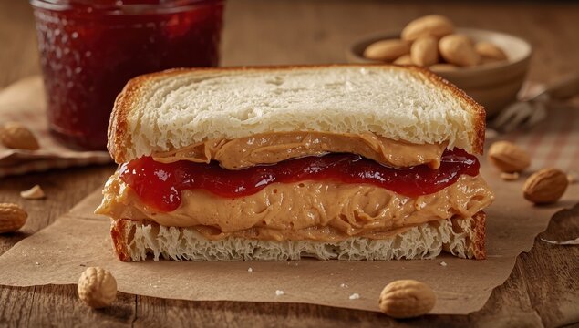 Classic American sandwich with creamy peanut butter and fruity jam on soft bread, a simple and comforting treat.