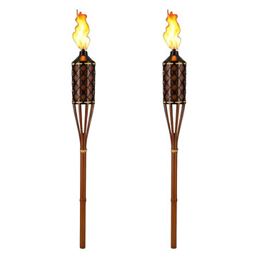 Two torches with lit flames on tall wooden poles