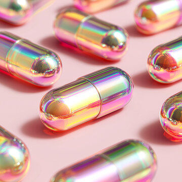 Group of holographic iridescent capsules on a soft pink background. Futuristic pills with rainbow metallic shine. Concept of innovative medicine, luxury vitamins, and digital health