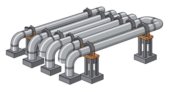 Industrial pipe system with multiple parallel pipes and supports.