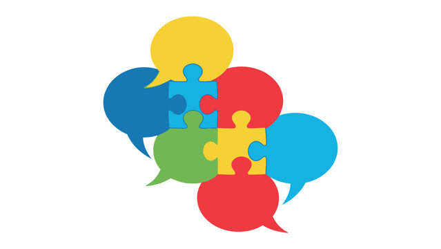Collaborative Communication: Interlocking jigsaw pieces are integrated with speech bubbles, symbolizing the synthesis of ideas in effective communication and teamwork