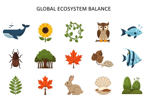 Global Ecosystem Balance depicted with diverse flora, fauna, and natural elements for ecological awareness and conservation