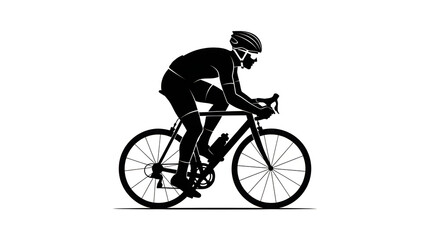 Fototapeta premium Minimalist cyclist silhouette on road bike, professional bicycle rider in racing position, black and white cycling athlete graphic on white background