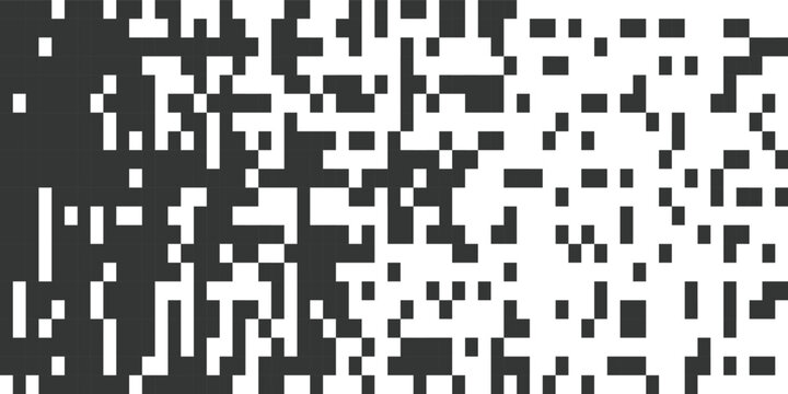 Abstract digital pattern with a gradient transition from dense black pixels to sparse black pixels on a white background, creating a visual fade effect.