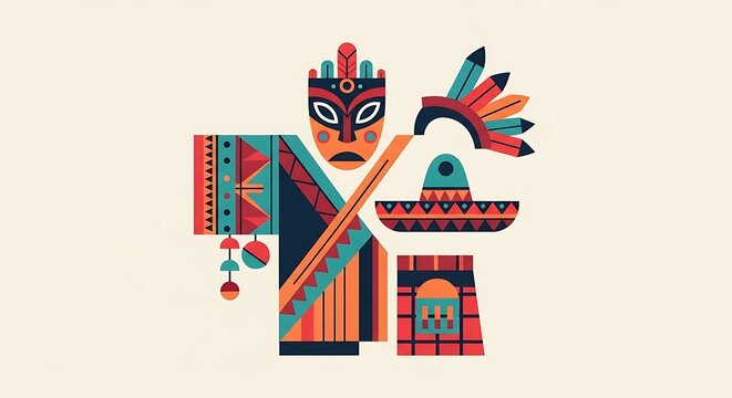 Colorful, geometric illustration featuring stylized indigenous cultural elements. It includes a tribal mask, feathered headdress, and poncho with ornamental details