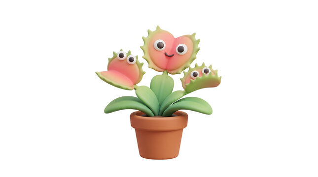 Cute Cartoon Venus Flytrap Plant with Googly Eyes in Pot, Isolated on Transparent Background