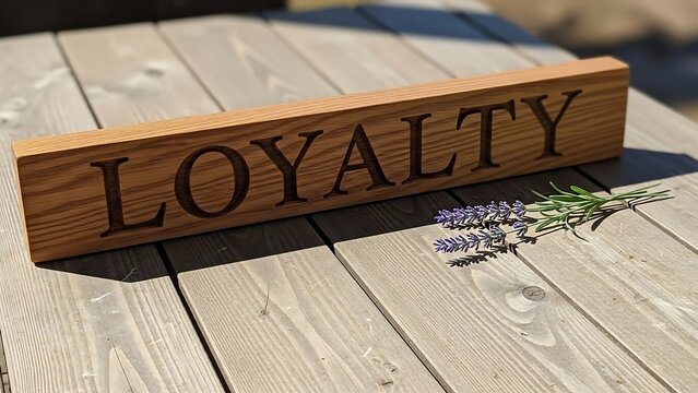 Loyalty Carved Wood Sign with Lavender on Wooden Table.