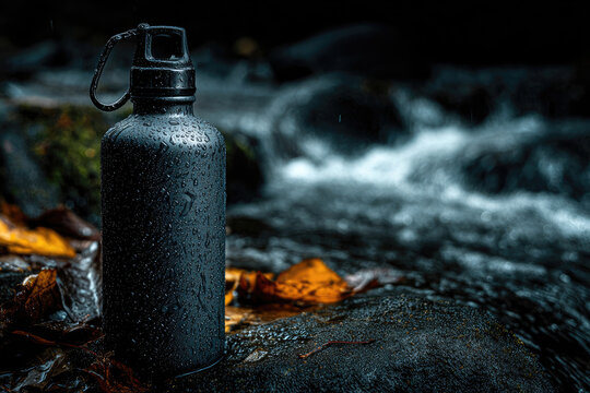 Reusable water bottle on rocks near a flowing stream.