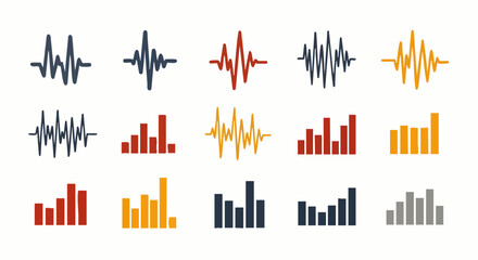 Naklejka premium Collection of colorful sound waves and bar graphs representing audio, data, and music visualization