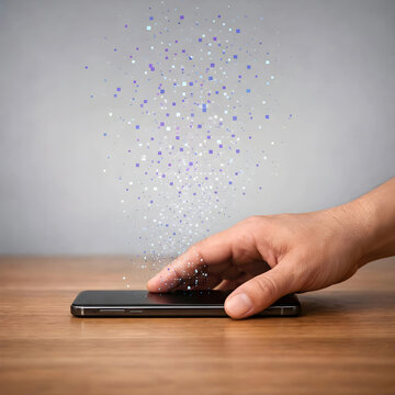 Minimalist shot of hand touching a smartphone on a wooden table with scattered digital dust representing the fragmentation of attention and loss of focus in the age of social media