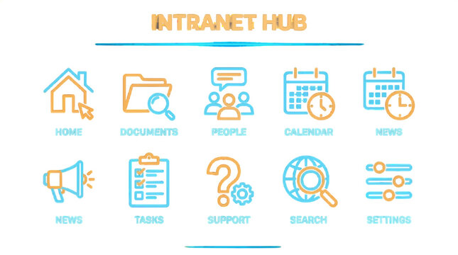 A vector graphic illustration of an intranet hub with various icons on a transparent background