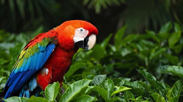 Vibrant scarlet macaw bird perched among lush green foliage in a natural habitat