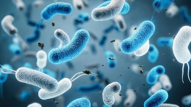 Microscopic video of blue bacteria cells swimming in a fluid environment with particles and realistic microbiology animation showing infectious germs and pathogens in 3D space.