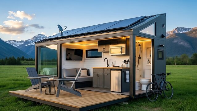 Modern Tiny House with Solar Panels in Scenic Landscape.