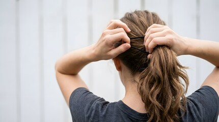 Fototapeta premium Rear view of young woman tying her wavy brown hair into ponytail with hands on white fence background