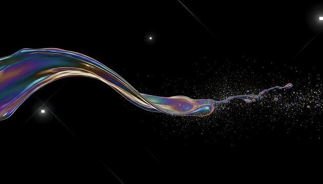 Iridescent soap bubble surface wave with splashes on black background iridescent abstract
