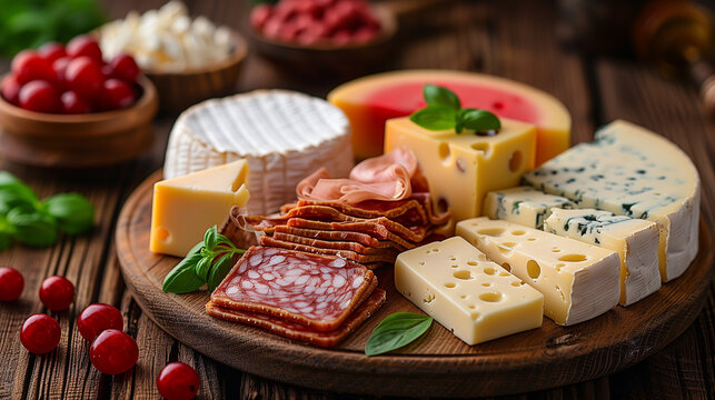 Round wooden board topped with assorted cheeses, sliced meats, basil leaves, and bright cranberries on a rustic table, perfect for entertaining, menu layouts, or wine bar promotions.