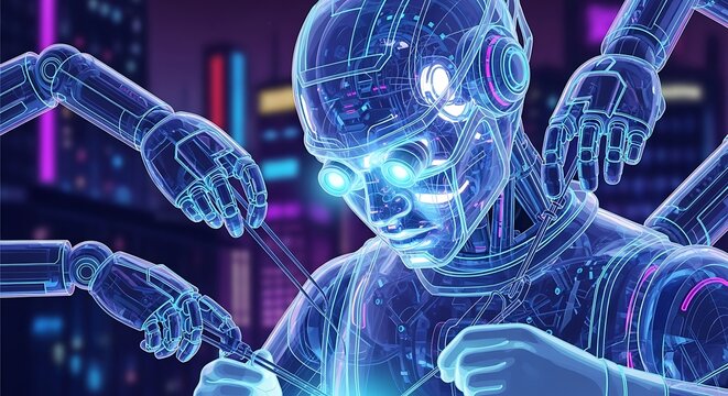 Futuristic digital artwork showing a translucent humanoid robot with glowing features being worked on by robotic arms in a city setting