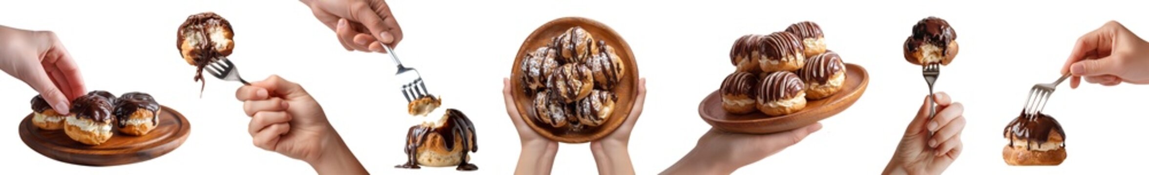 Set of hand holding Profiterole chocolate ganache Cream Puff pastry p&acirc;te &agrave; choux, fork, round wooden serving plate, pile stack group broken half bite, transparent cutout PNG. Many Mockup