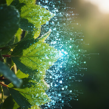leaves and plants gradually transforming into subtle digital particles and data patterns