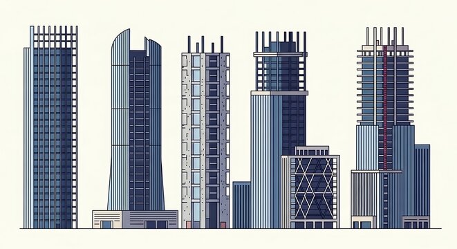 Illustration of a row of five stylized, modern skyscrapers with varying designs and construction stages, set against a neutral background