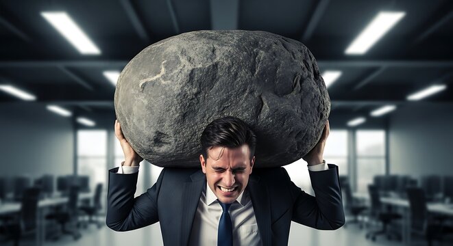 A suited man struggles to carry a large boulder, symbolizing heavy burden/stress in an office