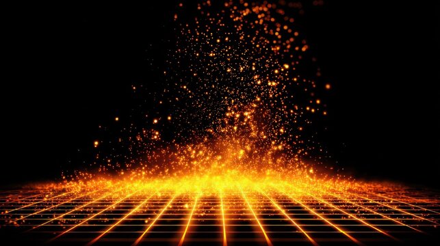 Brilliant shower of intense orange particles descends onto a glowing digital plane against a dark backdrop.