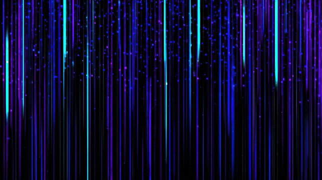 Vertical neon light streaks cascade against a dark background with falling particle effects