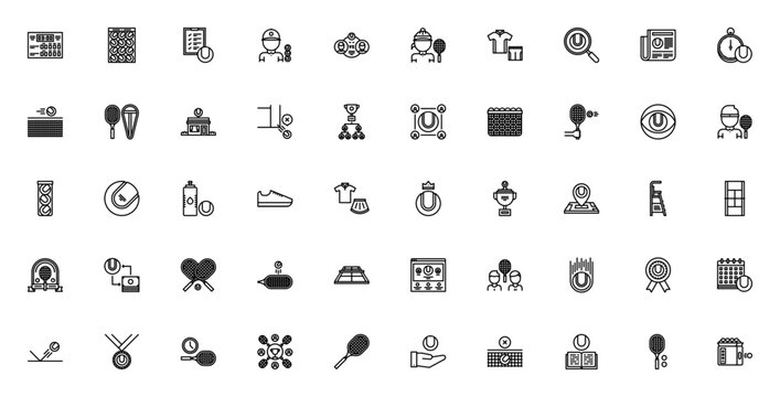 Tennis icon set. Vector sports collection. Includes racket, ball, court, player, tournament, trophy, scoreboard, equipment and more. Editable stroke.